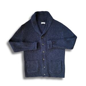 Shetland Shawl Collar Navy Button Front 100% Wool Cardigan • Rustic Cabin Knit